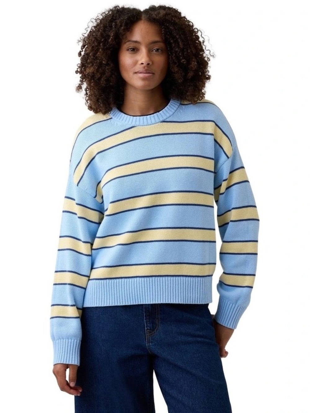 GAP 100% Cotton Light Blue and Pale Yellow Striped Crewneck Sweater